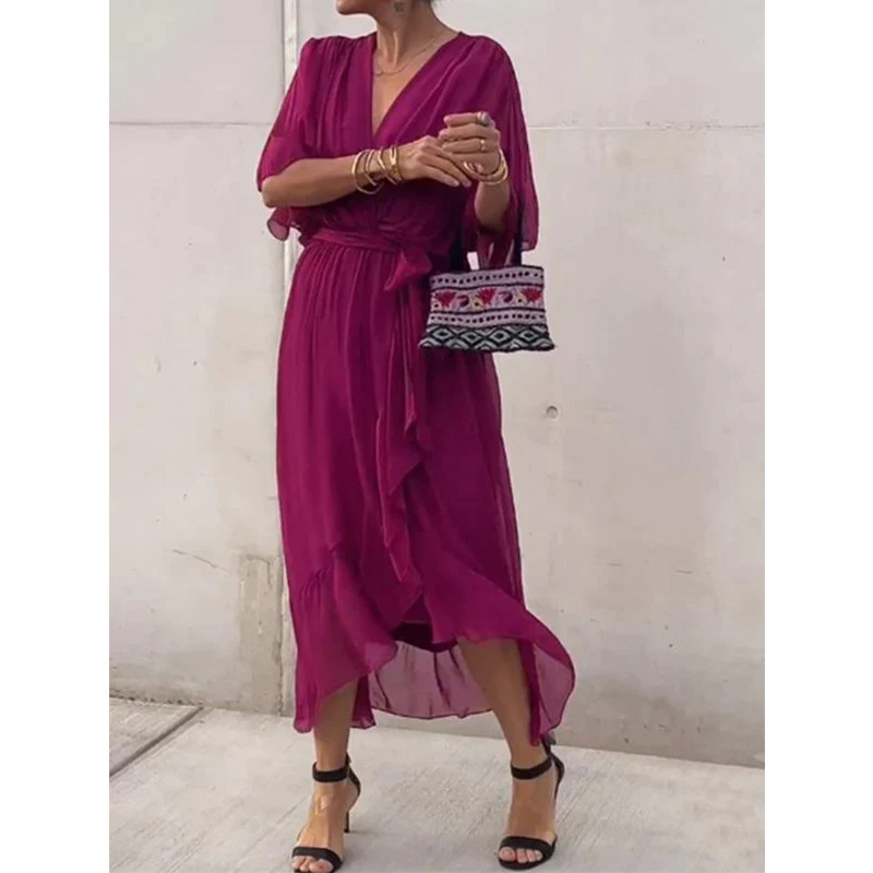 Women's Solid Color Tie-Waist Batwing Sleeve Irregular Long Dress Plus Size