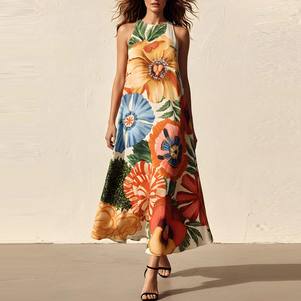 Women's Sleeveless Floral Print Midi Dress U-Neck A-Line