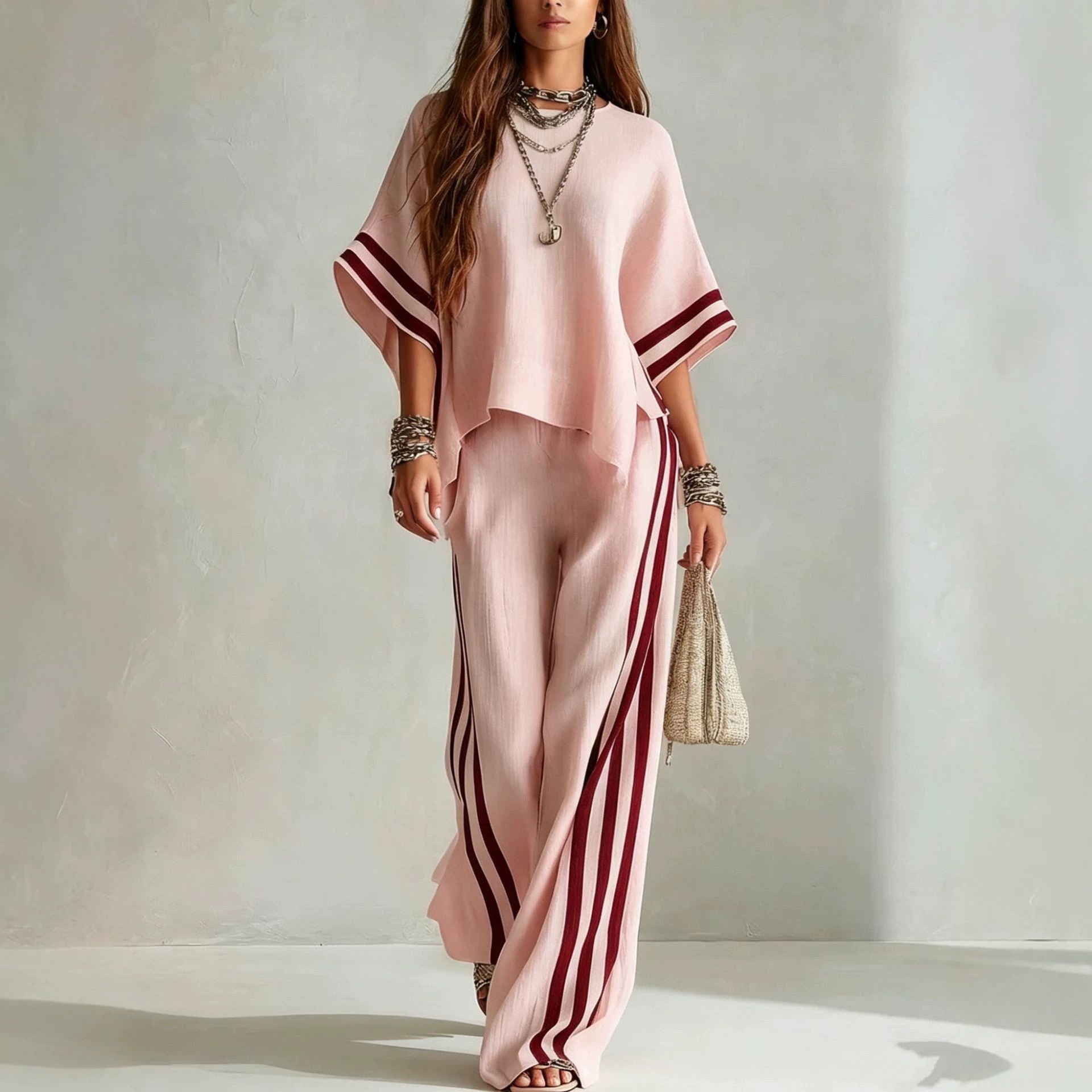Women's Striped Two-Piece Wide-Leg Pants Set Casual Colorblock