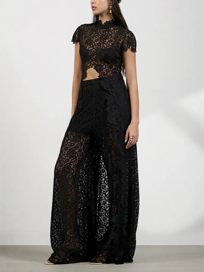Lace Solid Color Dress Set with Cutout Round Neck and Front Slit