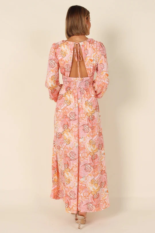 Floral Print Open Back Tie Deep V Long Sleeve Maxi Dress