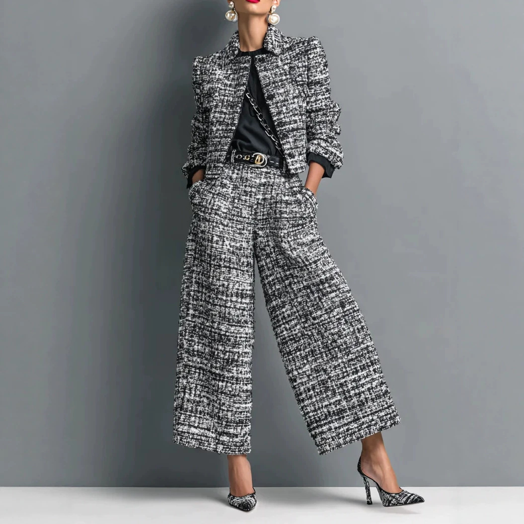 Women's Collared Slim-Fit Long-Sleeve Cropped Jacket and Wide-Leg Pants Set