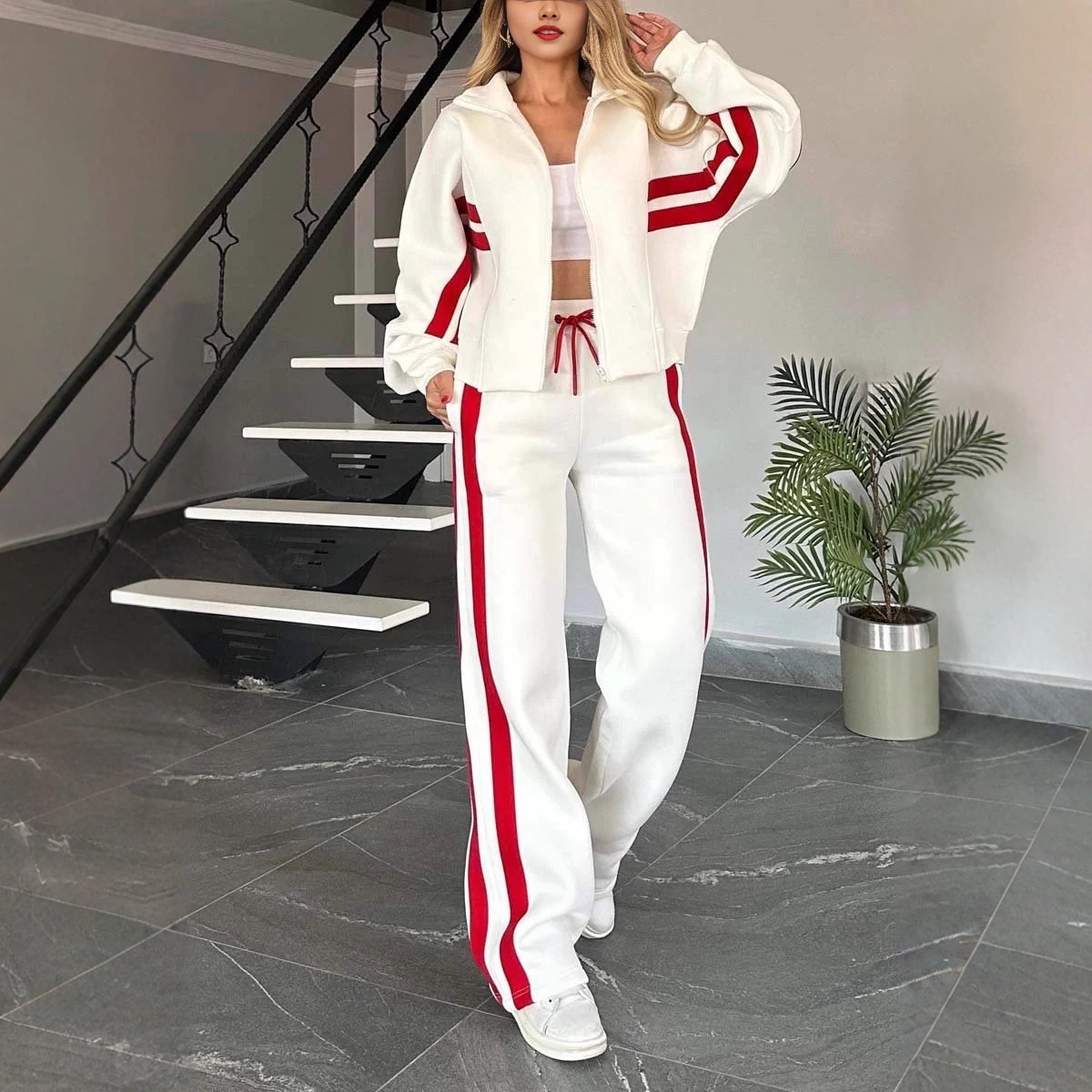 Y2K Striped Zip-Up Top and Pants Casual Sport Set for Women