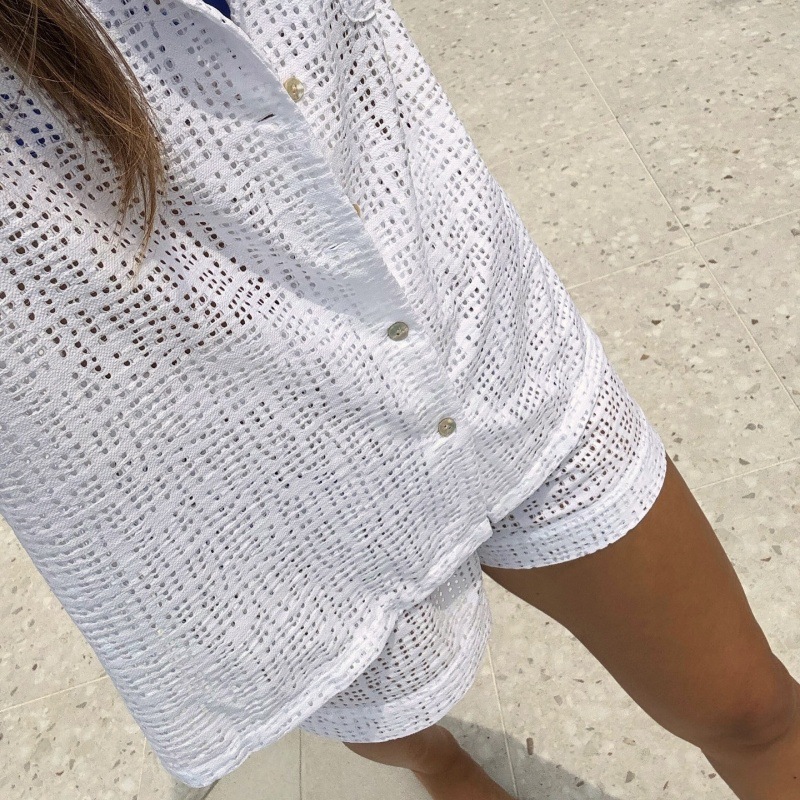 Women's Open-Front Short Sleeve Shirt and Shorts Set Hollow-Out Solid Casual