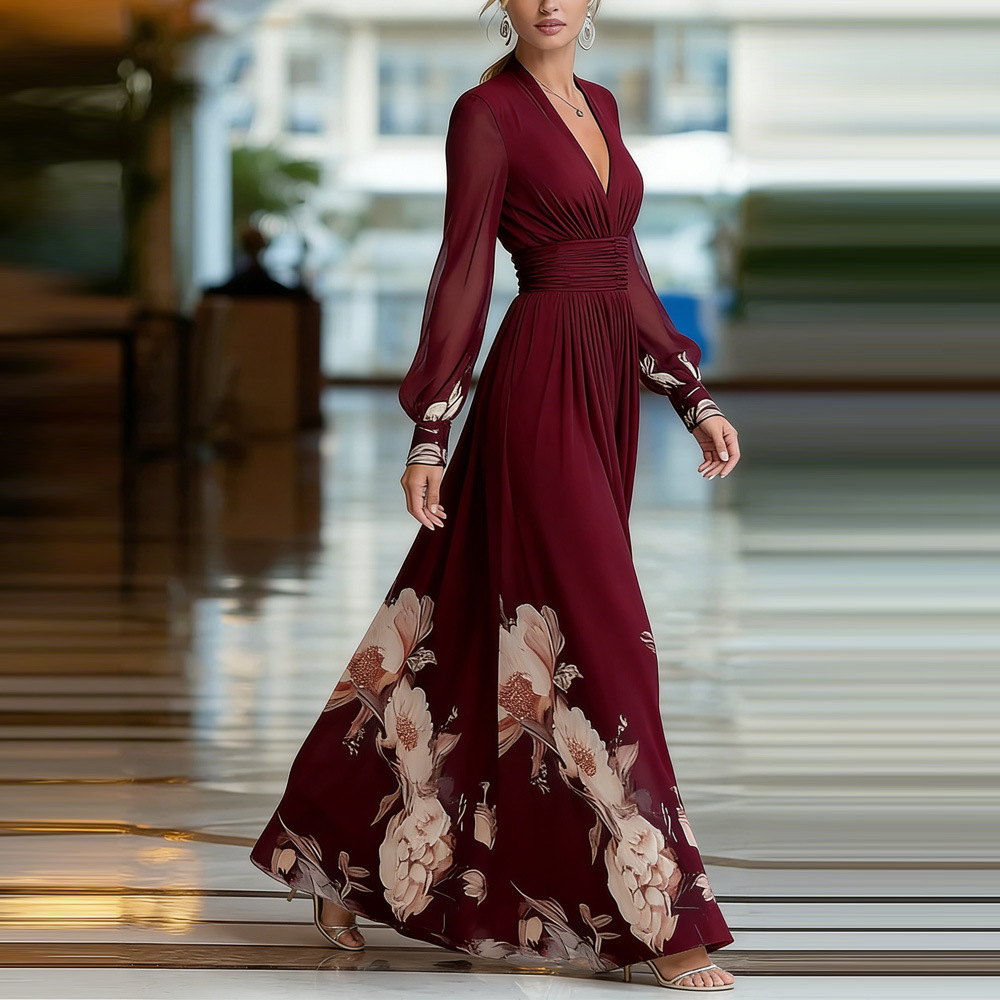 Long Mesh Panel French Slim Fit Floral Print Maxi Dress
