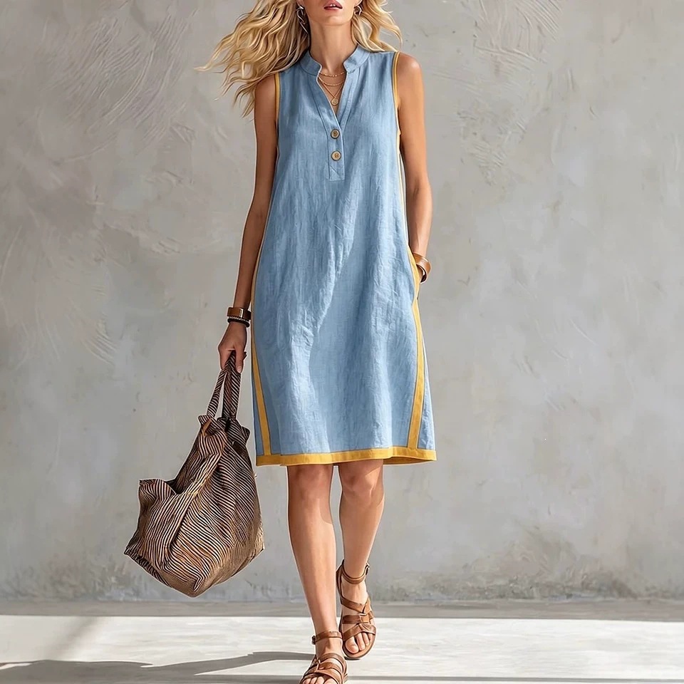 V-Neck Button-Down Sleeveless Midi Dress with Contrast Trim and Pockets