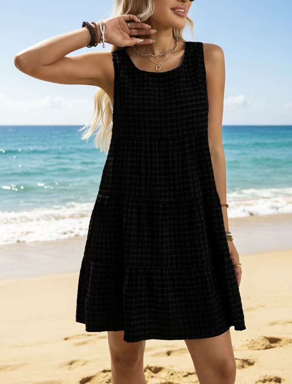 Ruffled Sleeveless Plaid A-Line Midi Dress