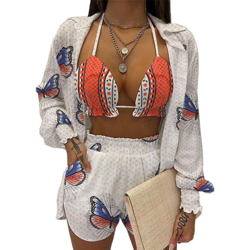 Women's Sexy Strapless Butterfly Print 3-Piece Lounge Set