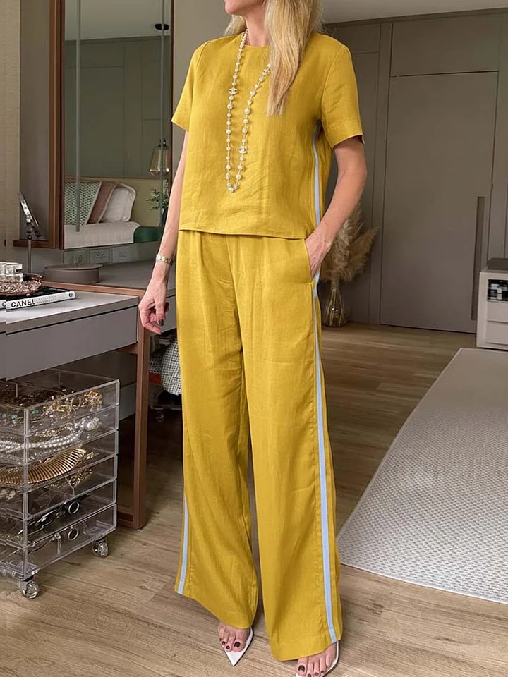 Women's Cotton-Blend Two-Piece Set with Crew Neck Top and Pants