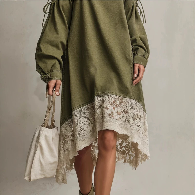 Bohemian Off-Shoulder Lace-Up Denim Dress