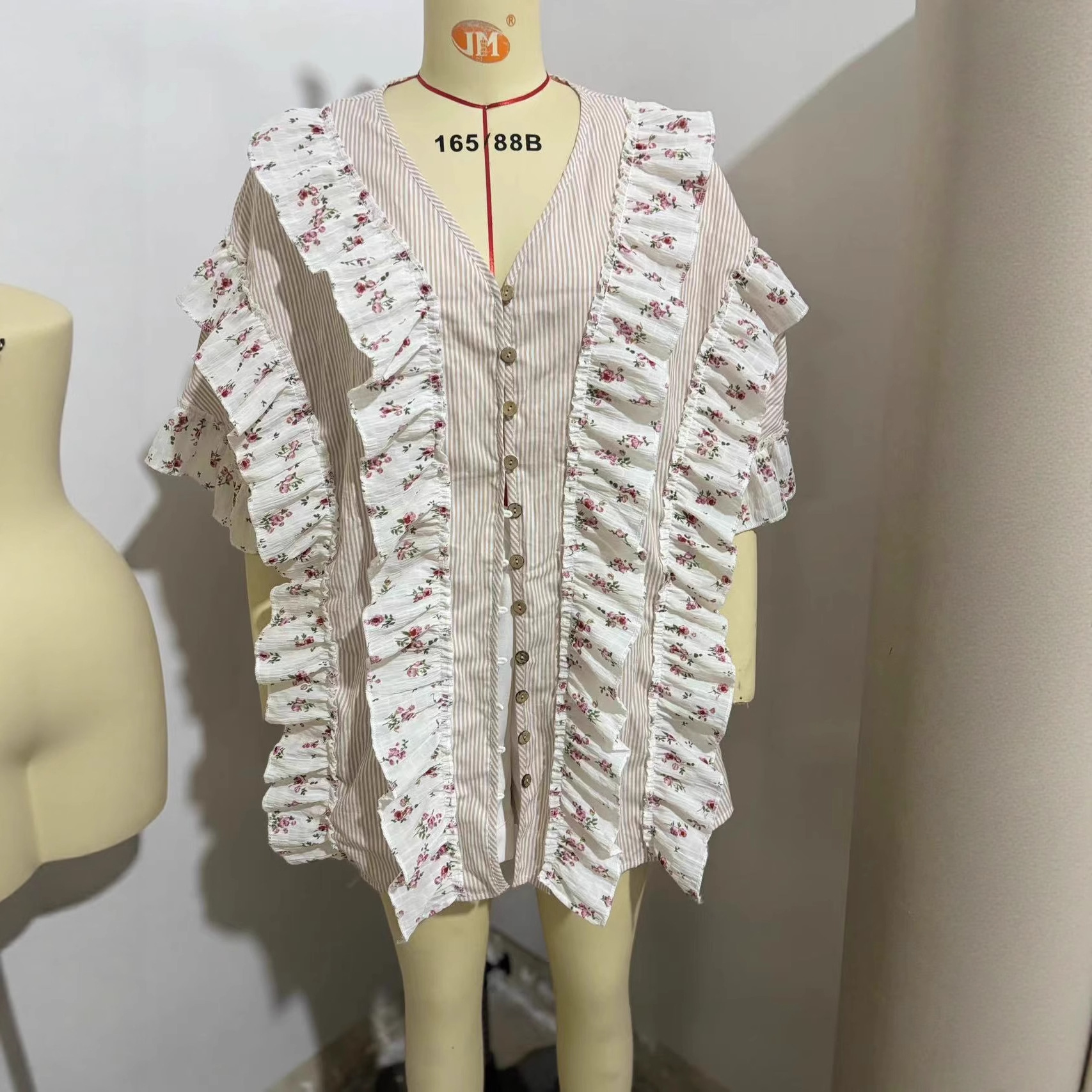V-Neck Short Sleeve Digital Print Patchwork Dress Shirt