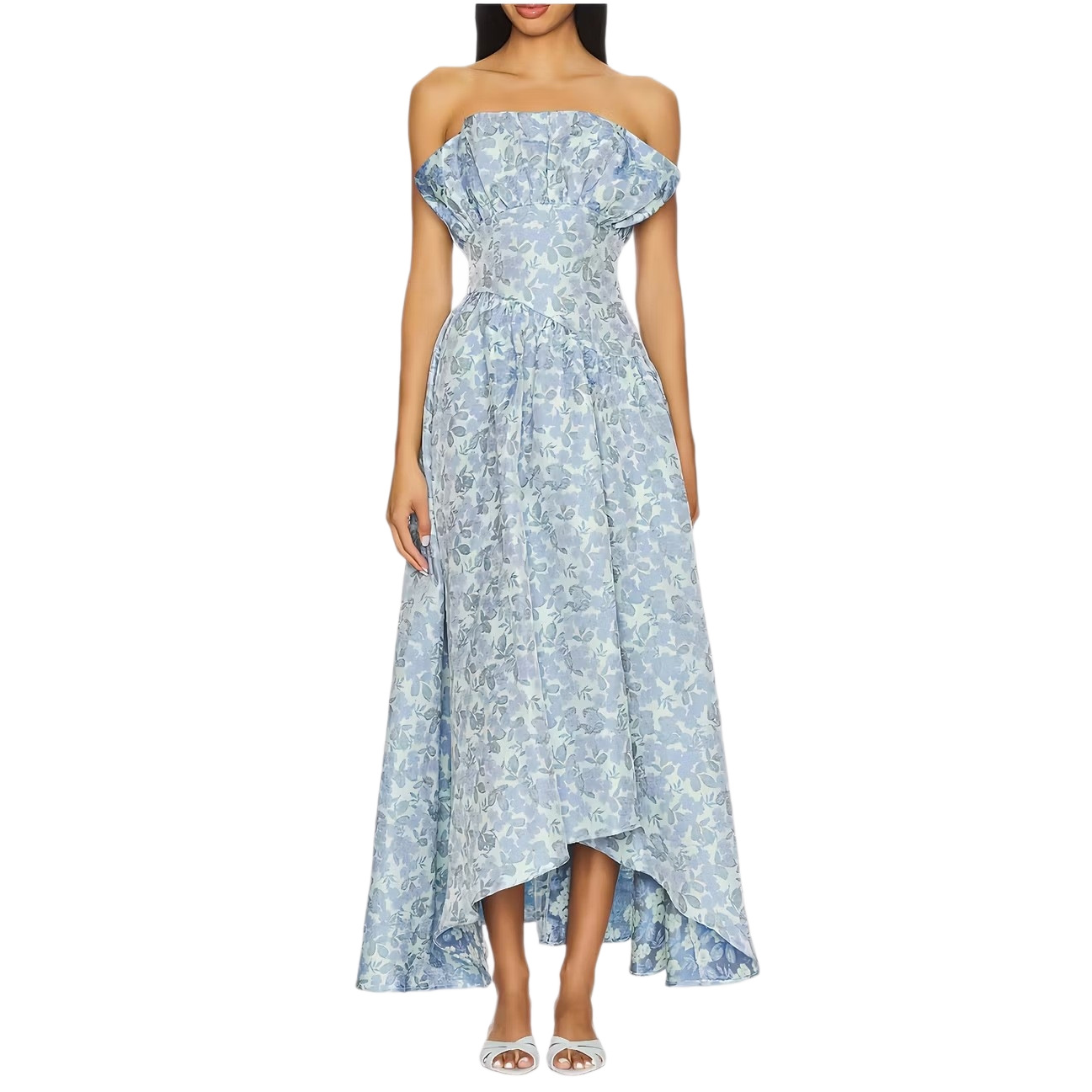 French Floral Strapless High-Low Maxi Dress with Off-Shoulder and Waist-Cinching