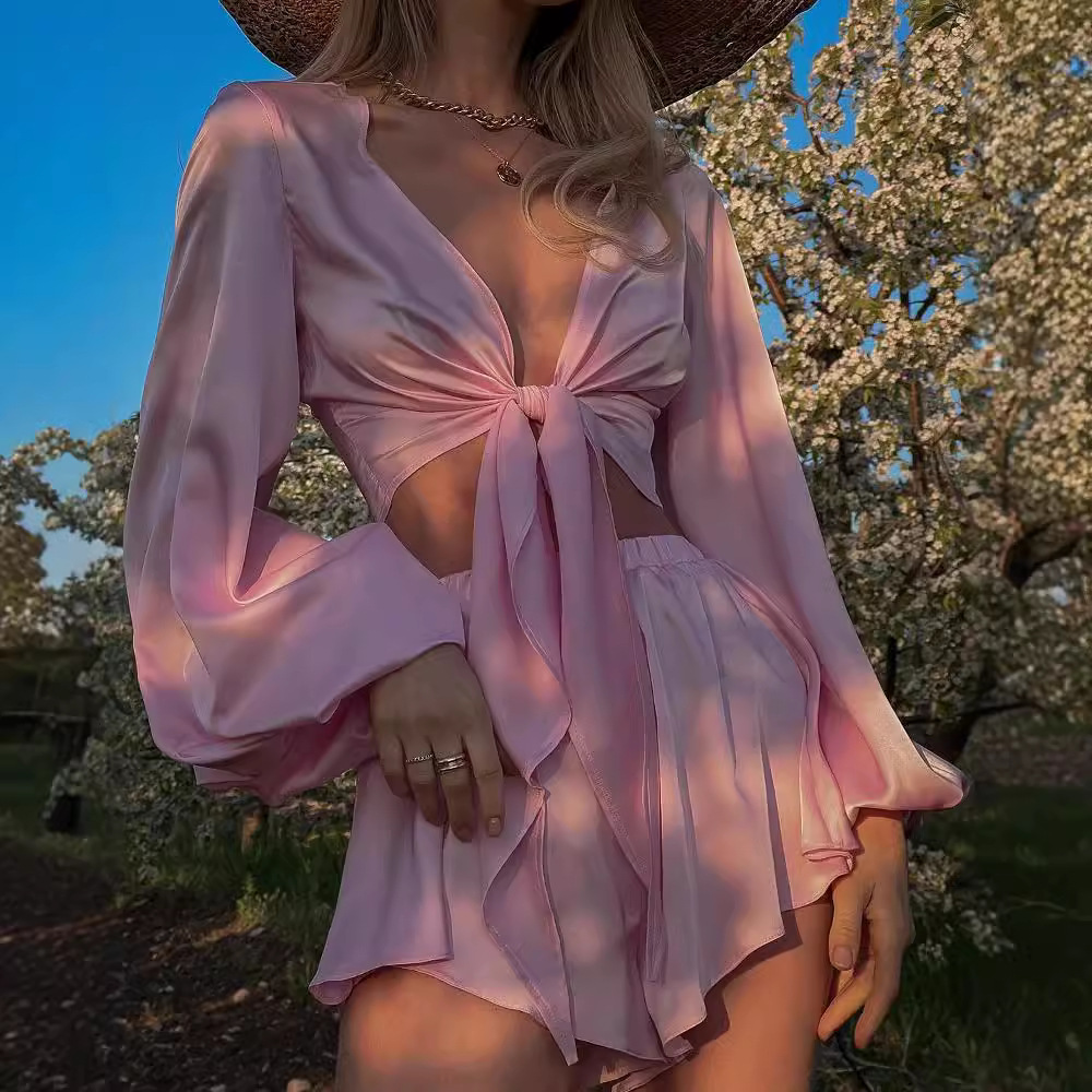 Women's French Lace-Up Long Sleeve Top and Shorts Set