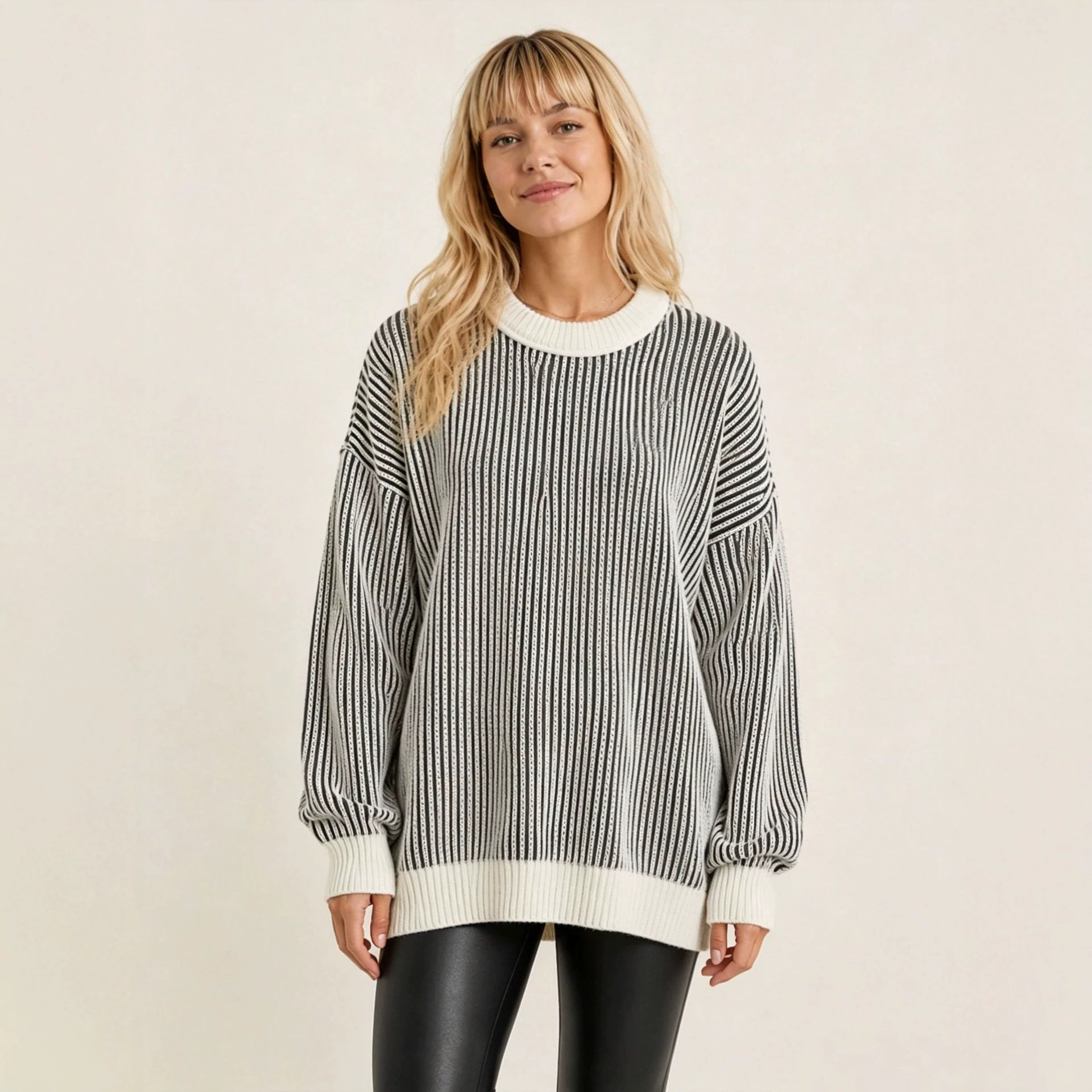 Striped Crewneck Long-Sleeve Pullover Knit Sweater