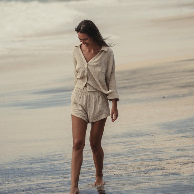 Women's Solid Color Long Sleeve Shirt and Shorts Two-Piece Set Casual Loose Fit
