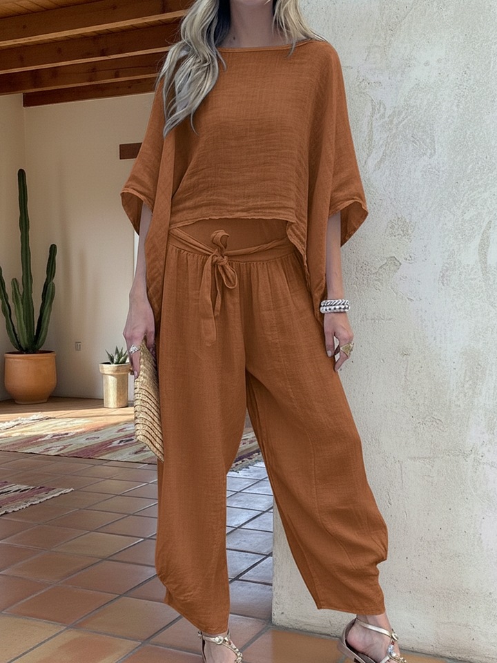 Women's Solid Color Tie Shirt and High-Waist Straight-Leg Pants Set