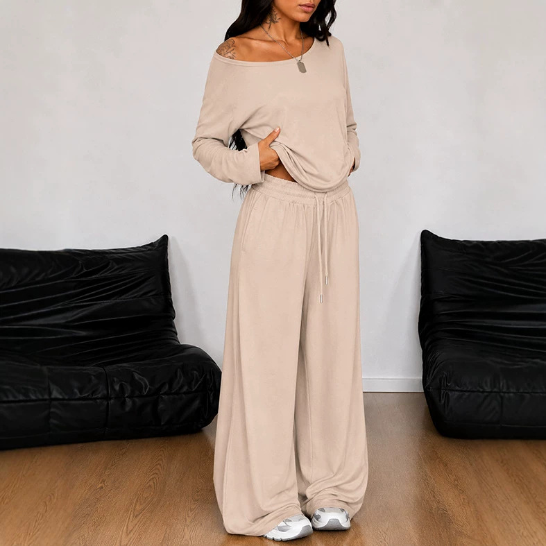 Women's Casual Loungewear Set Long Sleeve Top & Wide Leg Pants