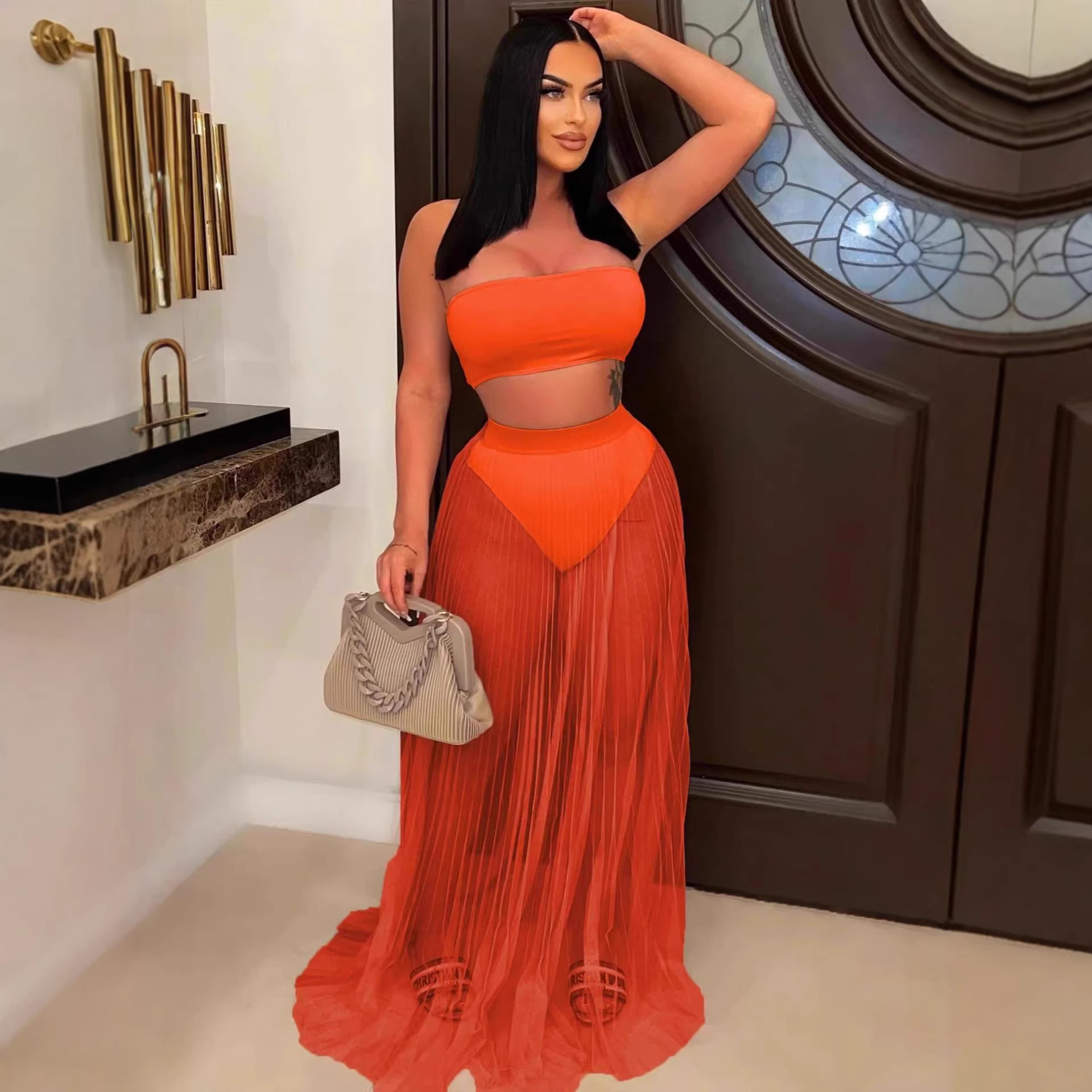 Women's Sheer Mesh Pleated Long Dress Bandeau Removable Pads 3-Piece Swimwear Set