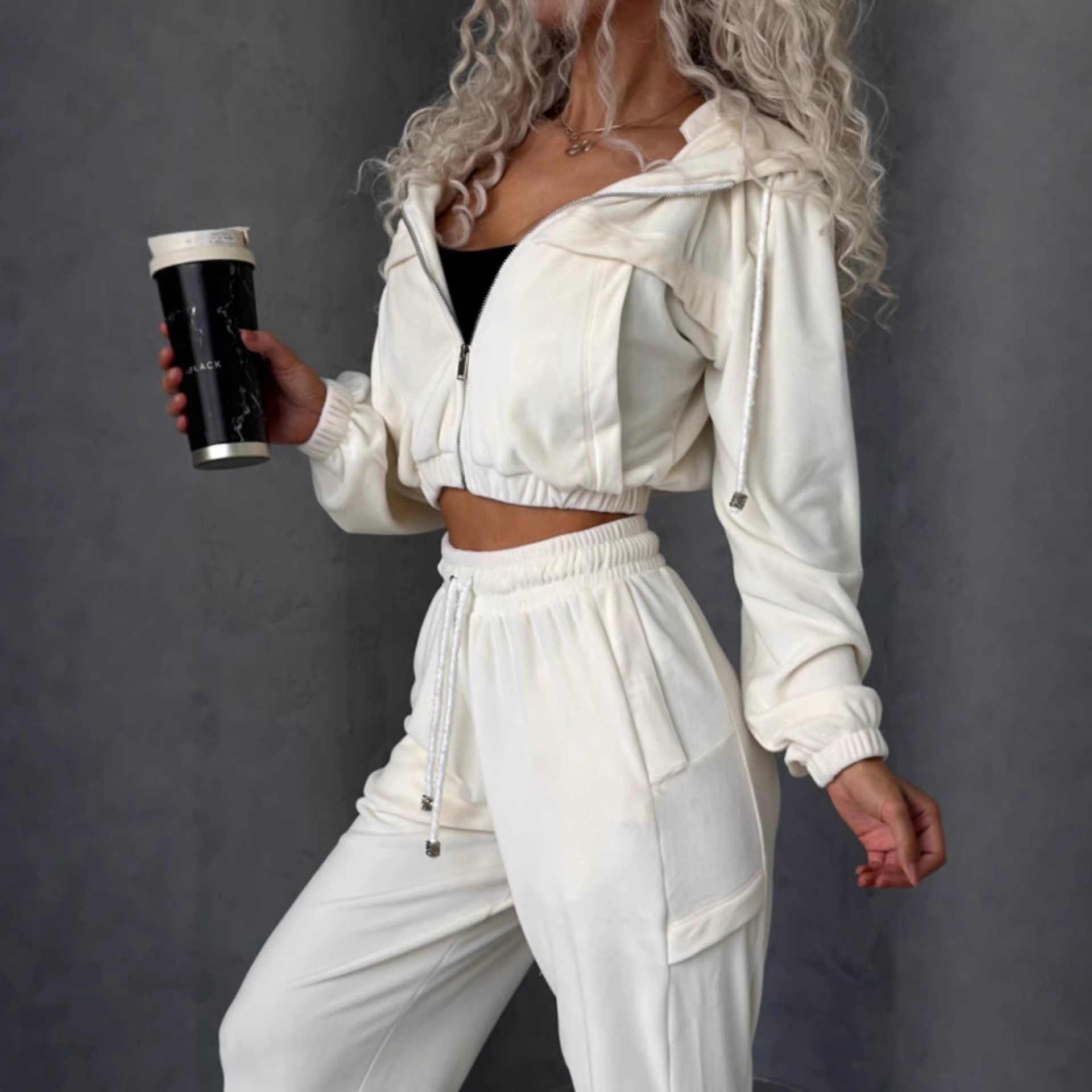 Women's Velvet Colorblock Long Sleeve Cardigan and Pants Set with Pockets