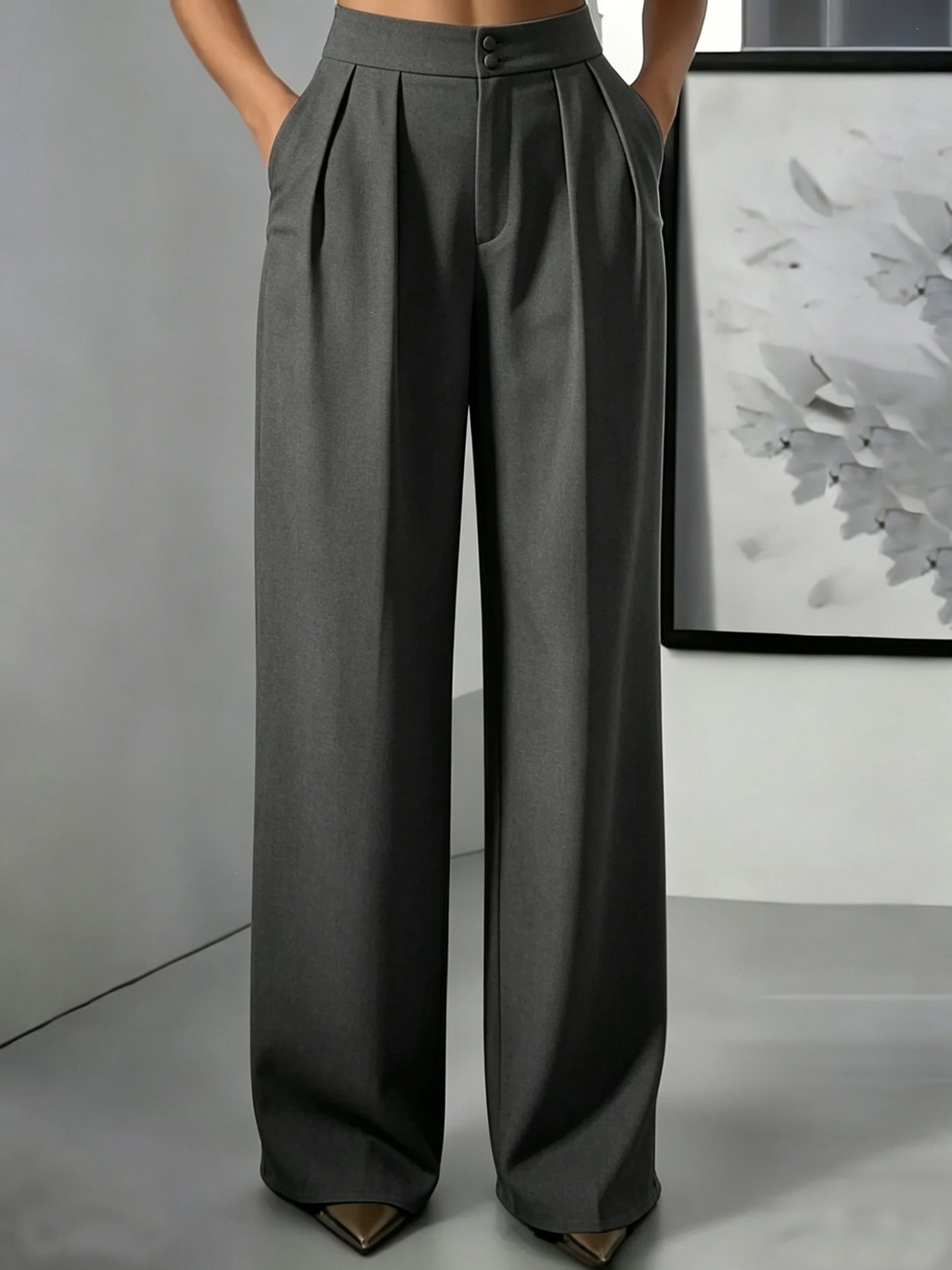 Women's High Waist Straight Leg Tailored Pants with Elastic Waist