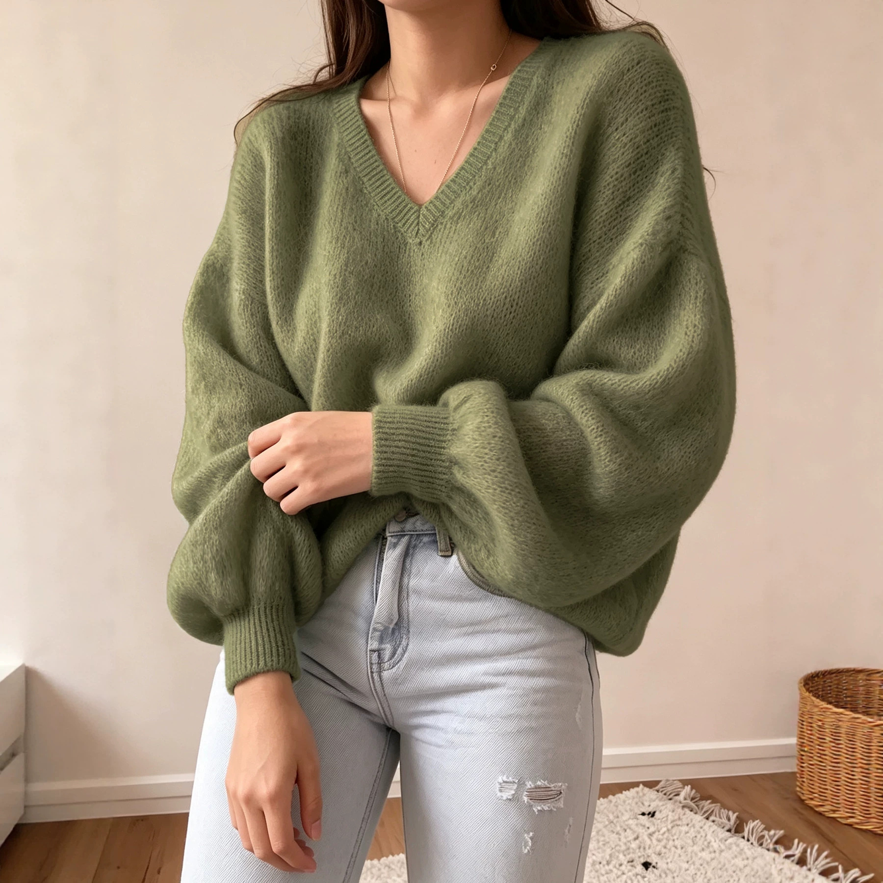 Women's V-Neck Solid Color Loose Drop Shoulder Lantern Sleeve Knit Pullover Sweater