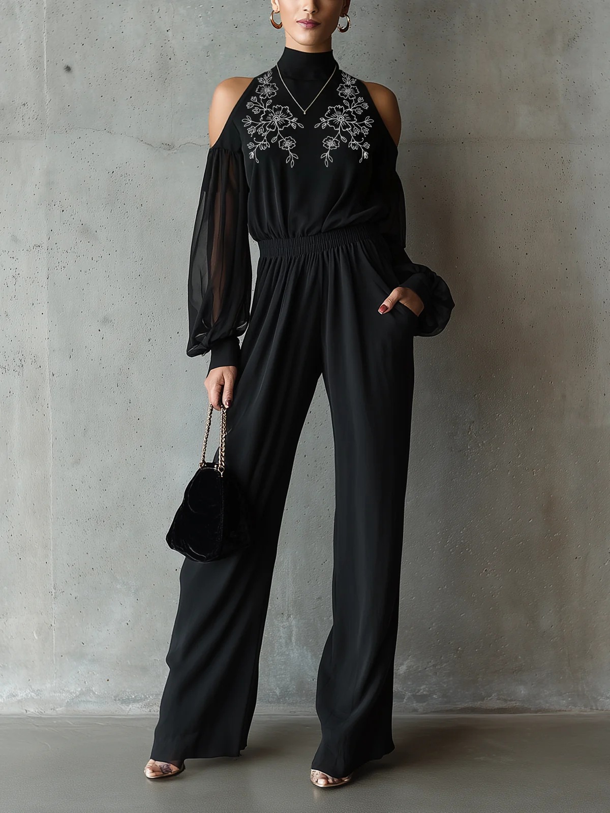 Black Embroidered Cold-Shoulder Wide-Leg Jumpsuit with Lantern Sleeves