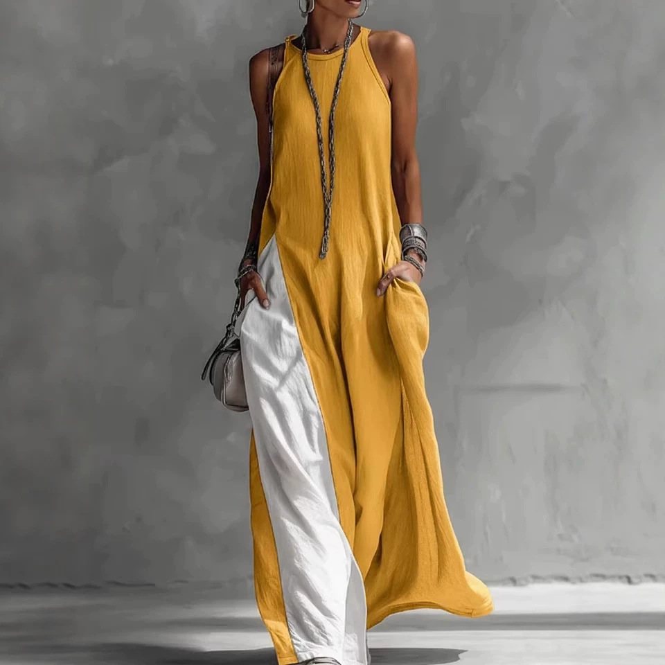 Off-Shoulder Sleeveless Colorblock Maxi Dress with Pockets