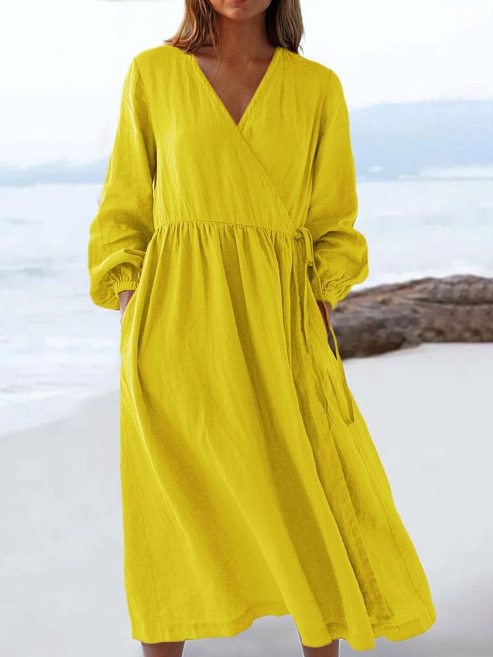 Solid Color Loose High Waist Cotton Linen Dress
