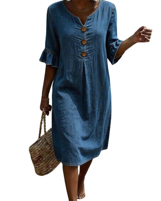 Women's Floral Print Three-Button Midi Dress
