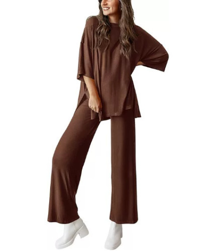 Women's Casual Two-Piece Set Short Sleeve Top & Wide-Leg Pants