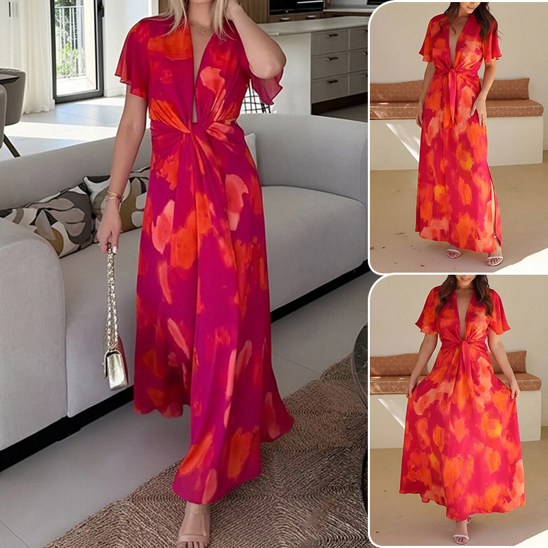 Floral French-Style Long Dress with Deep V-Neck and High Waist