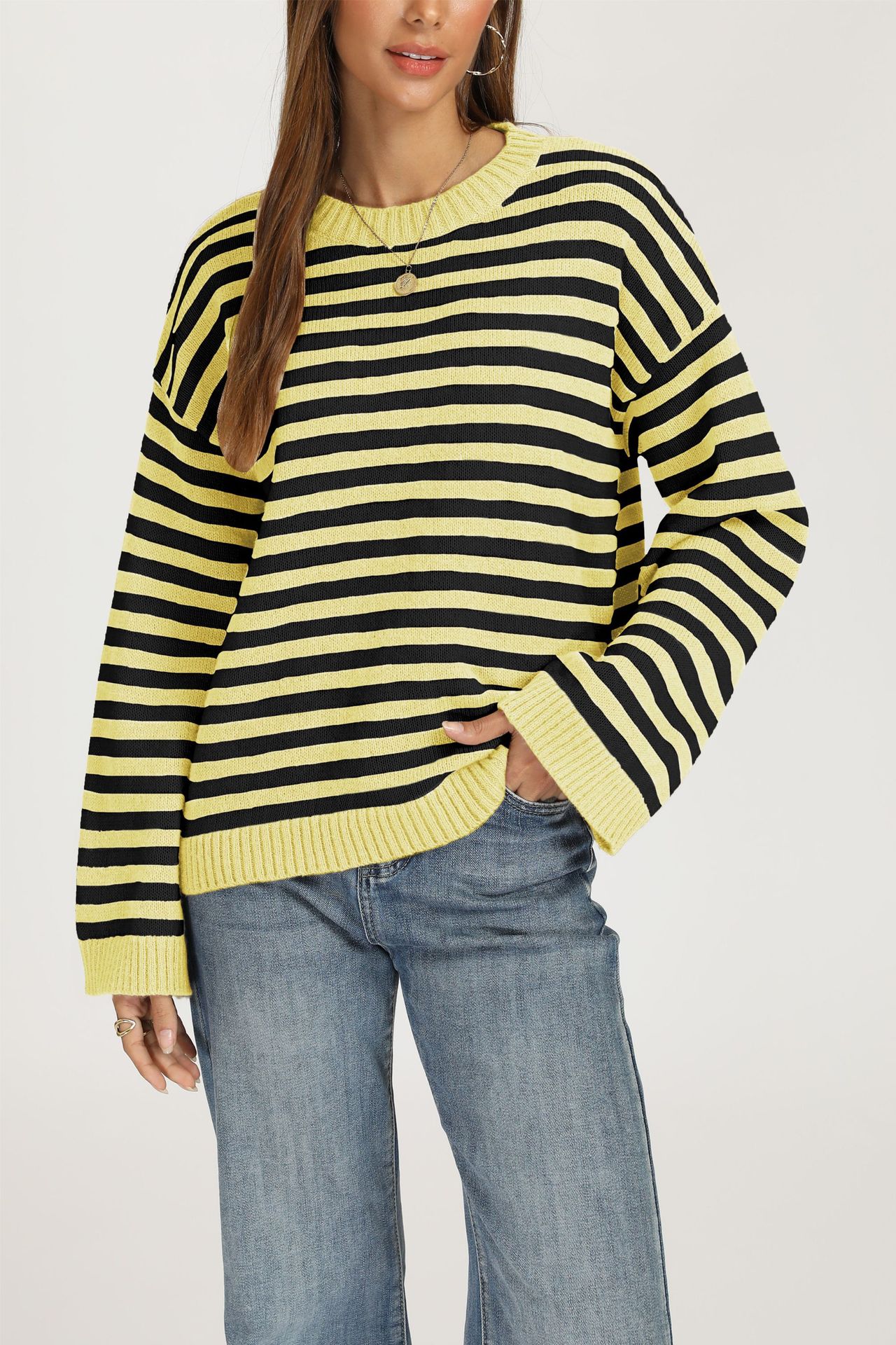 Striped Knit Pullover Sweater, Loose Fit Crew Neck Long Sleeve