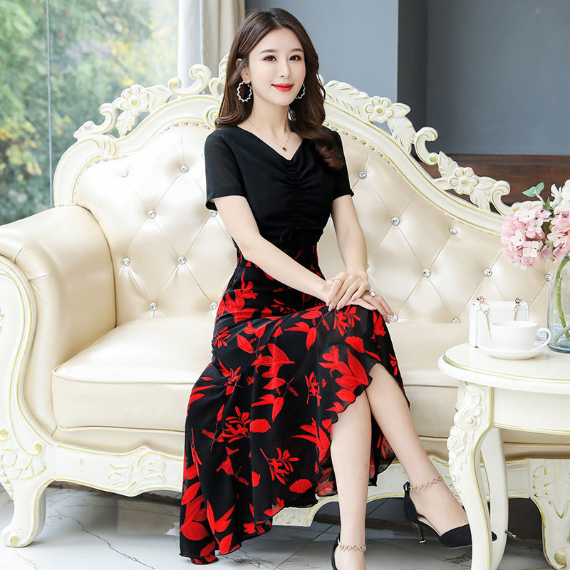 Women's V-Neck A-Line Midi Dress with Waist-Cinching Color-Block Print