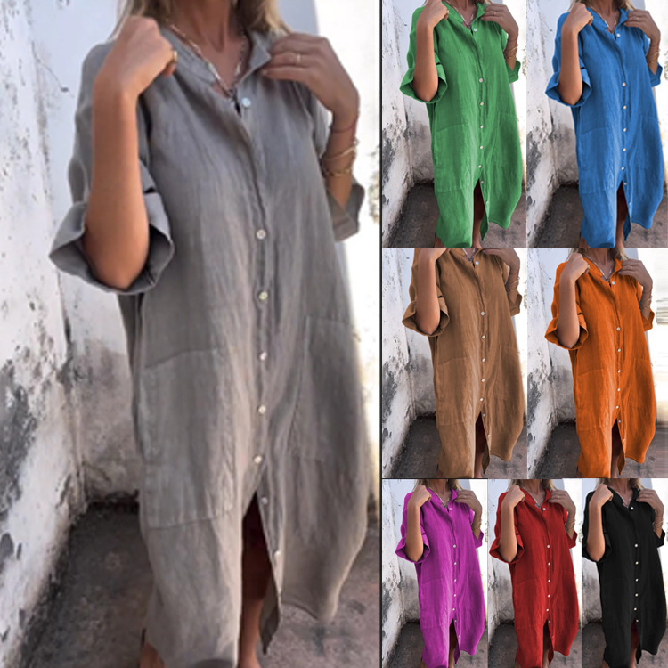Women's Loose Casual Cotton Linen Shirt Dress with Mid Sleeves