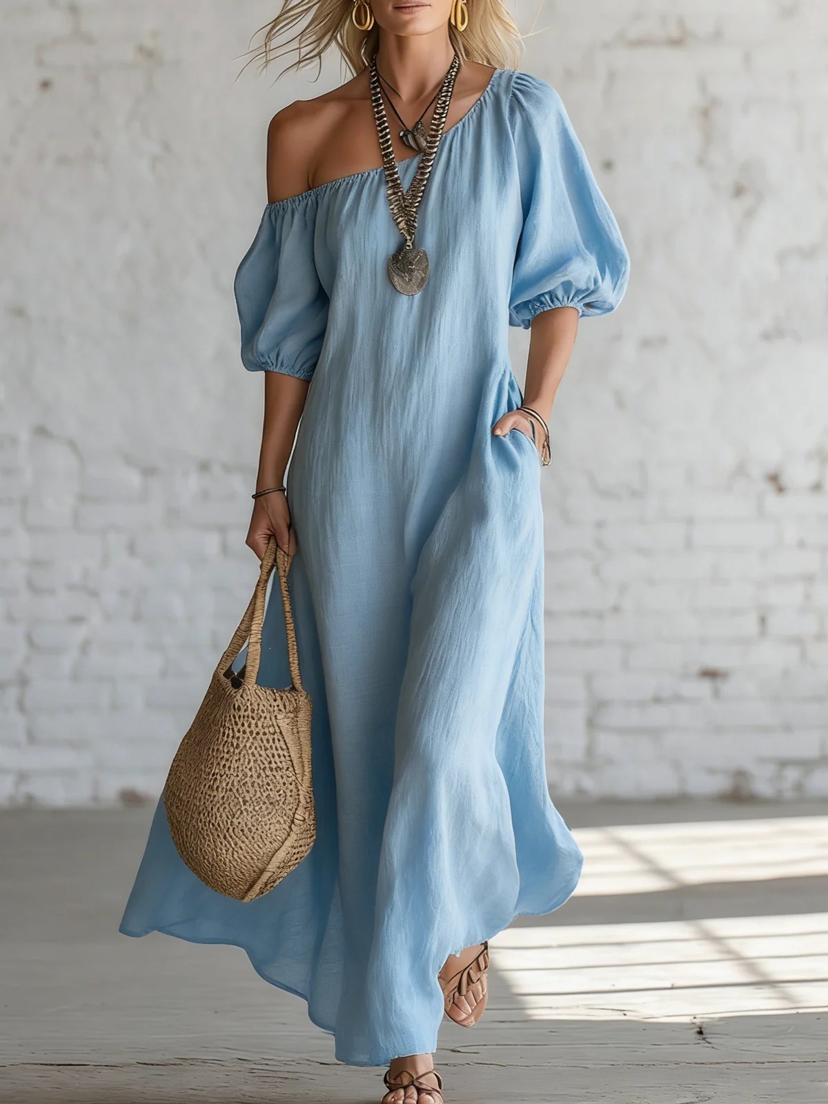 Women's Solid Color Loose One-Shoulder Long Cotton-Linen Dress