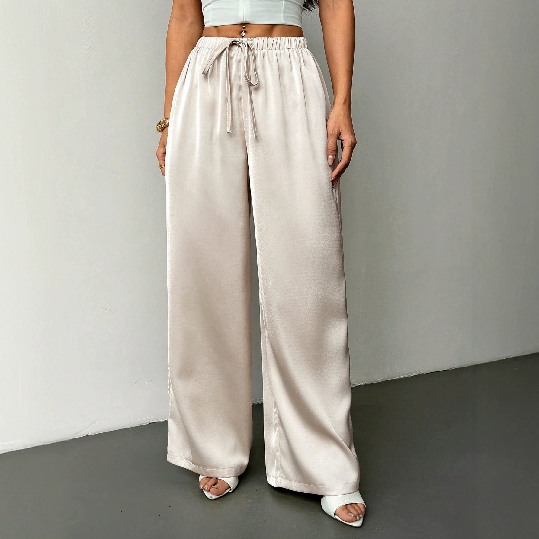 Satin High-Waist Wide-Leg Pants for Women, Loose Casual Drape