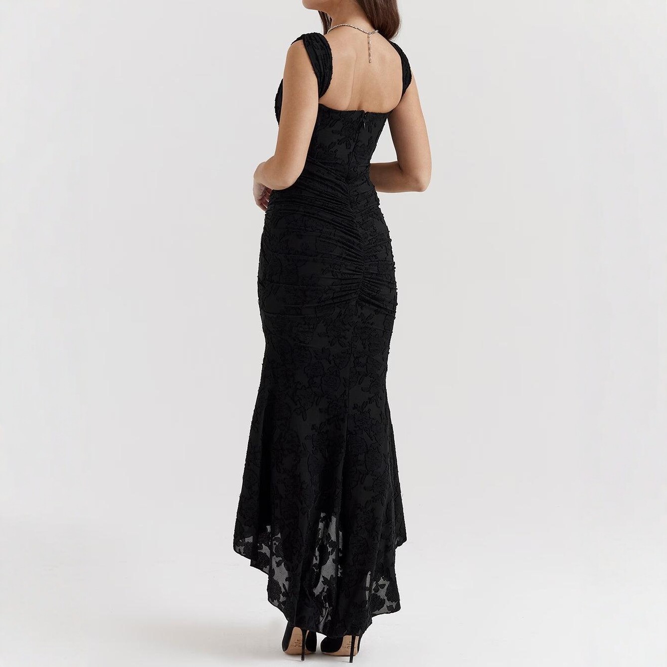 Square-Neck Sleeveless Jacquard Mermaid Maxi Dress with High Waist
