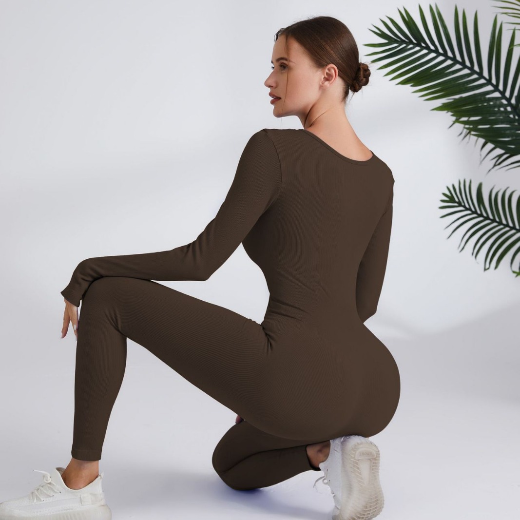 Women's Ribbed Long Sleeve One-Piece Yoga Jumpsuit Quick-Dry Running Fitness Bodysuit