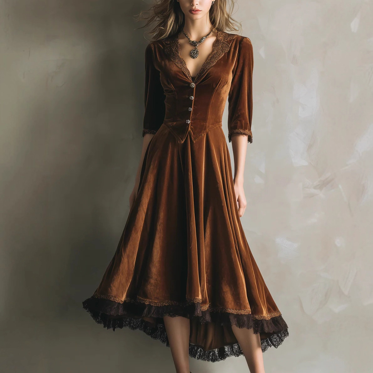 Western V-Neck Velvet Lace Panel Maxi Dress