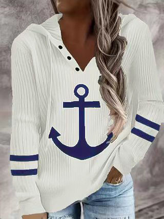 V-Neck Printed Button Long-Sleeve Hooded Sweatshirt