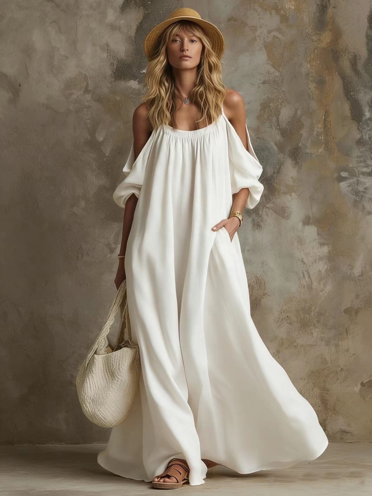 Cotton Linen Off-Shoulder Sundress with Pockets