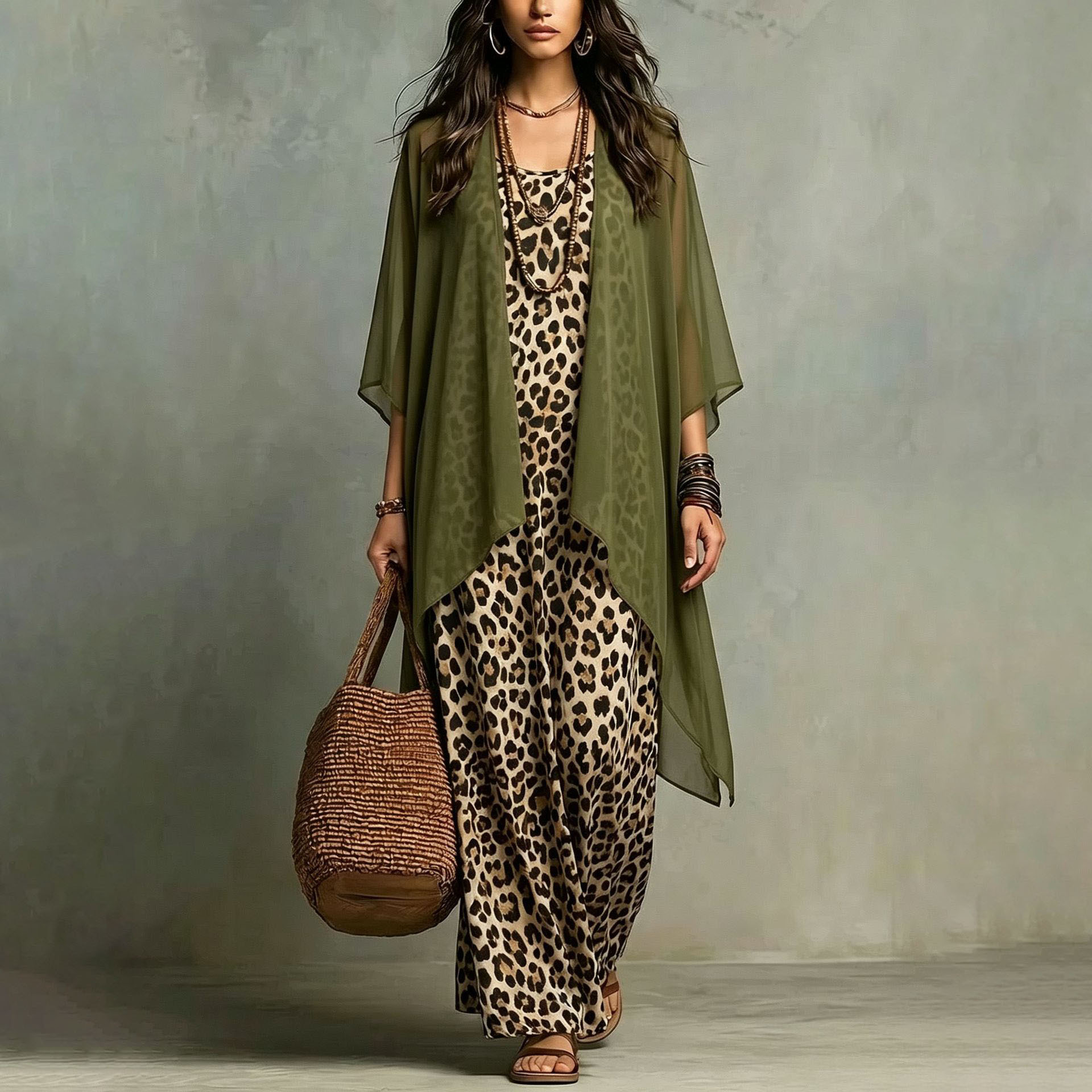 Leopard Print Cami Maxi Dress and Cardigan Two-Piece Set