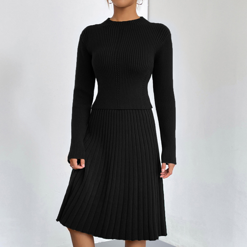 Solid A-Line Pleated Midi Skirt & Knit Sweater Two-Piece Set