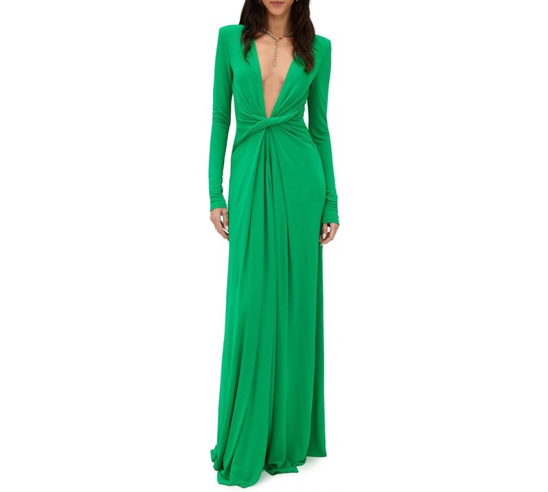 V-Neck Slim Fit Bodycon Midi Dress Long Sleeve Twist Front Elegant Party Dress