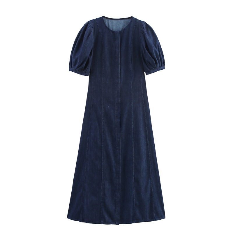 Women's Denim Dress Short Sleeve A-Line Midi Round Neck Tie Detail