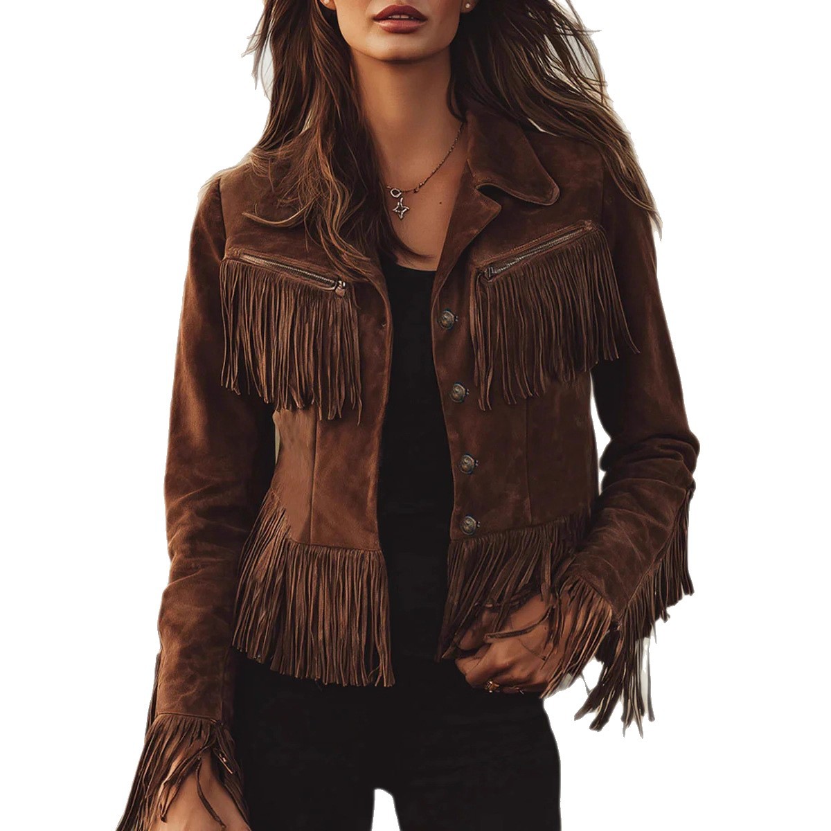 Women's Brown Faux Suede Fringe Jacket