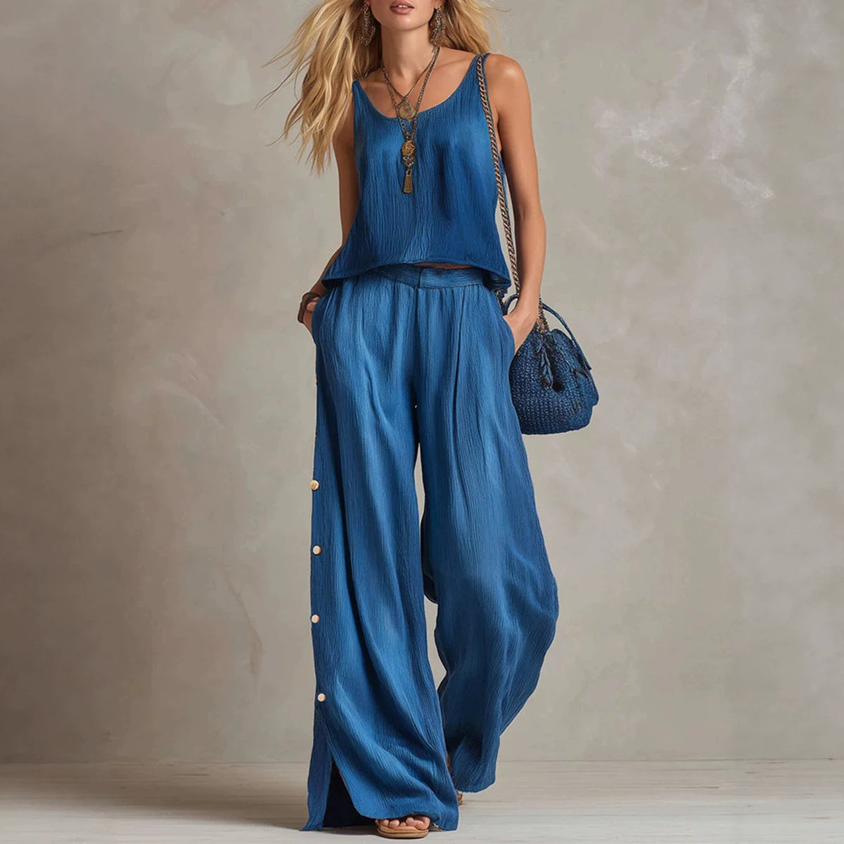 Women's Cotton Blend Sleeveless Top & Wide-Leg Pants Set