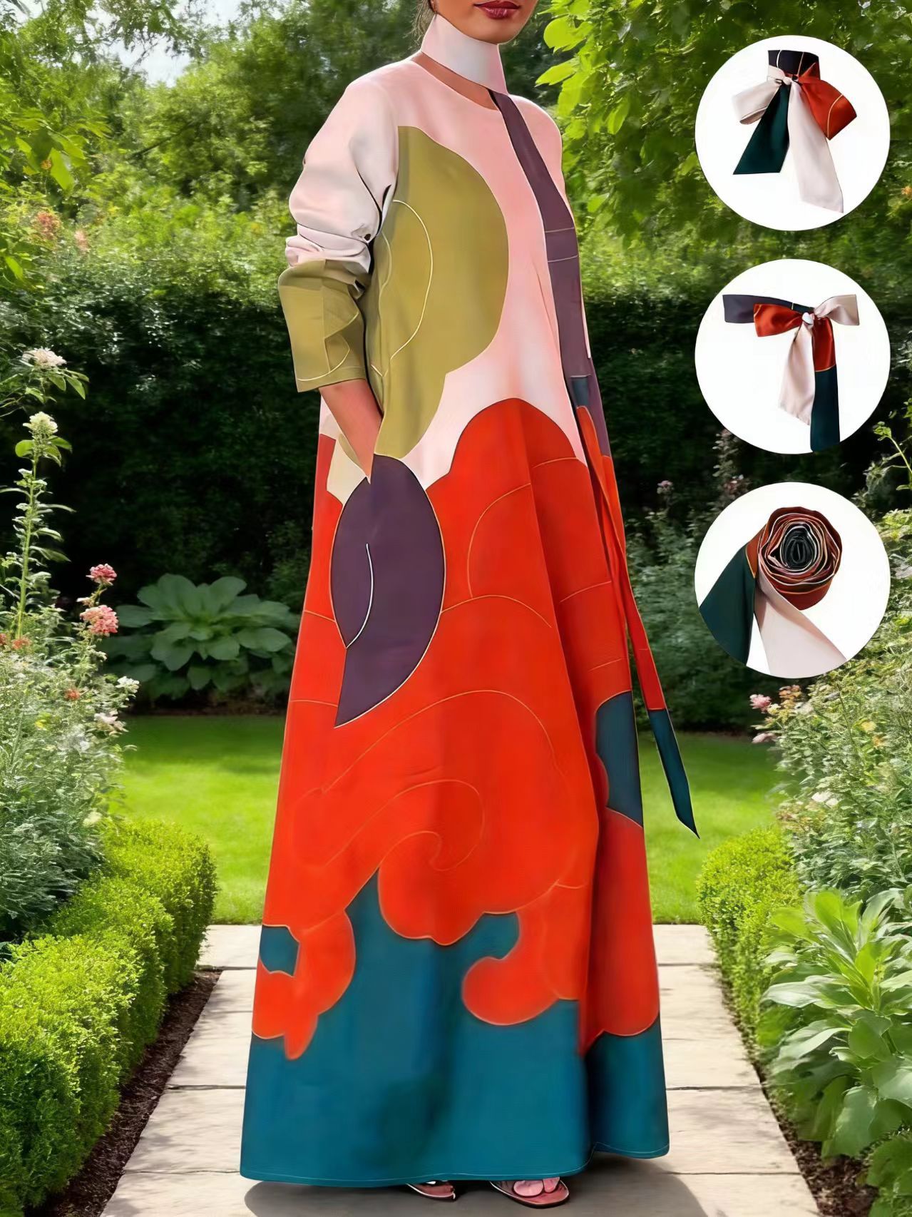 Color-Block Geometric Print Long Dress