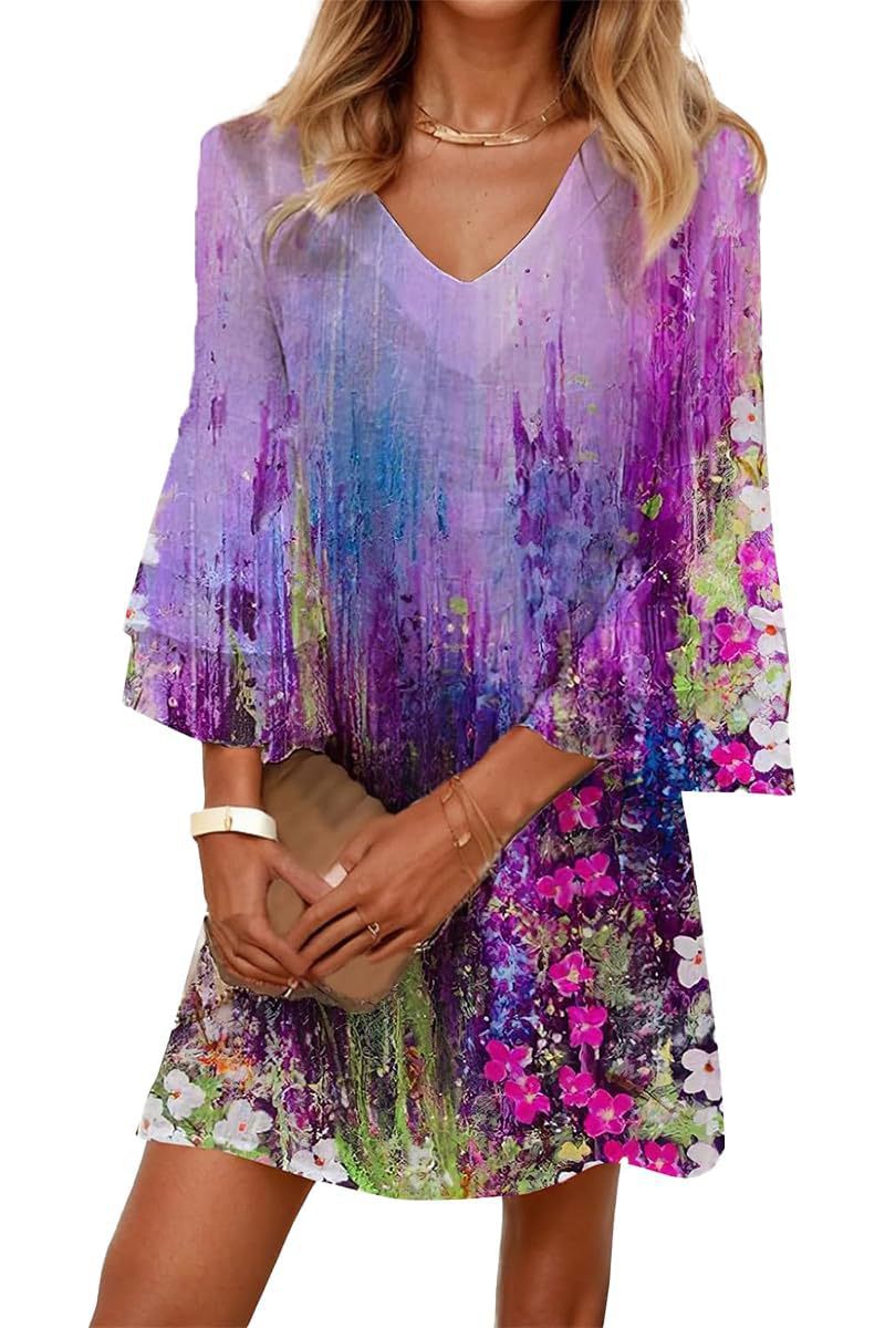 Women's Boho Floral Print Ruched Midi Dress