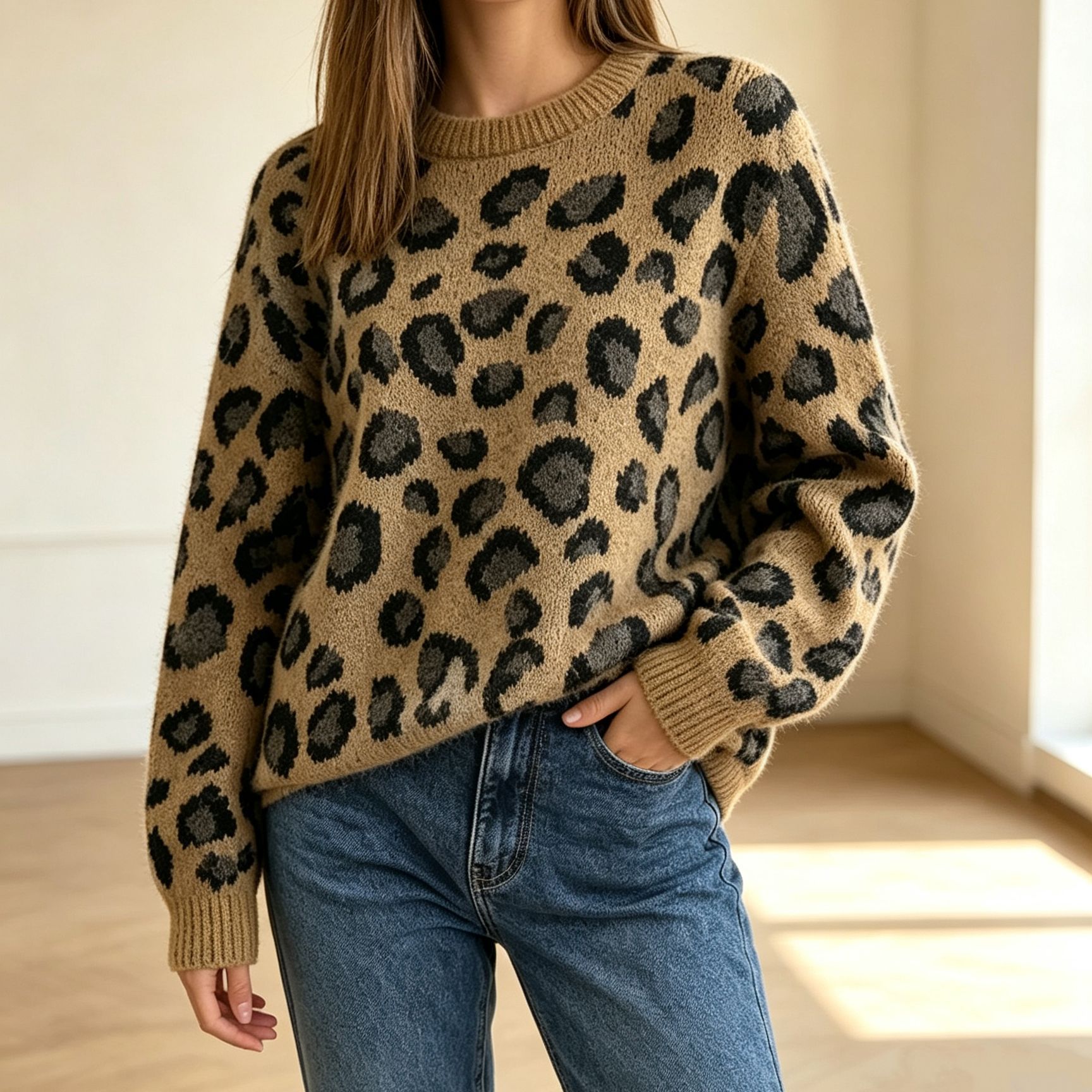 Leopard Print Crewneck Pullover Sweater Women's Colorblock Knit Top